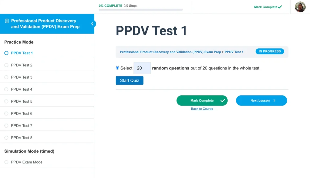 PPDV Test 1 Start Screen